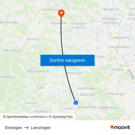 Ehningen to Lienzingen map