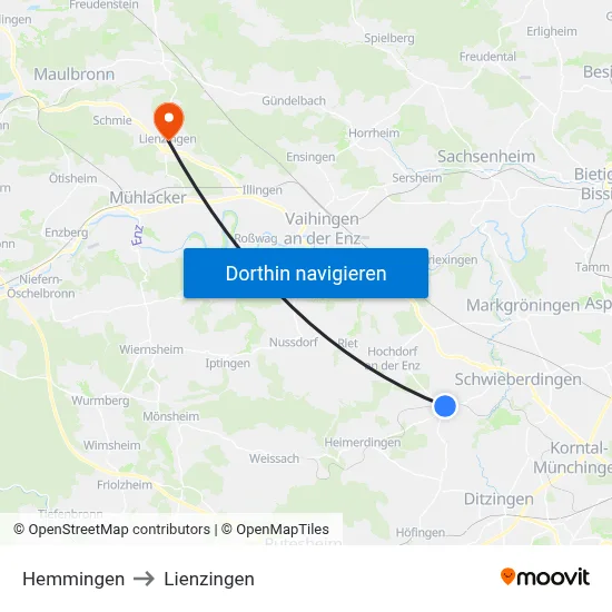 Hemmingen to Lienzingen map