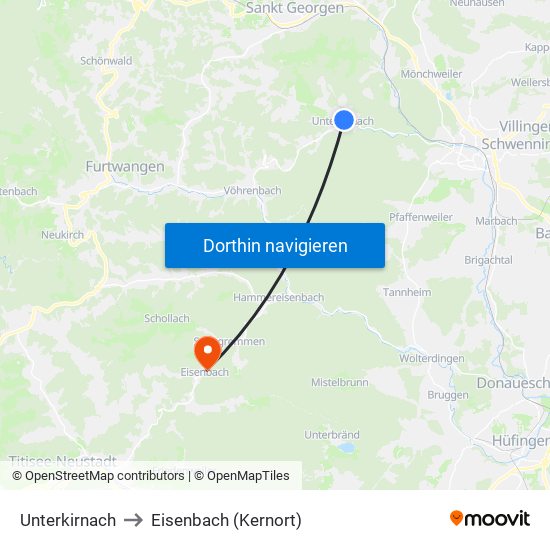 Unterkirnach to Eisenbach (Kernort) map