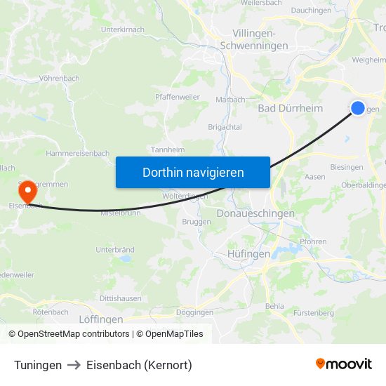 Tuningen to Eisenbach (Kernort) map