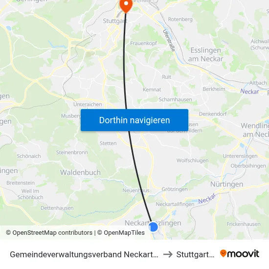 Gemeindeverwaltungsverband Neckartenzlingen to Stuttgart-Ost map
