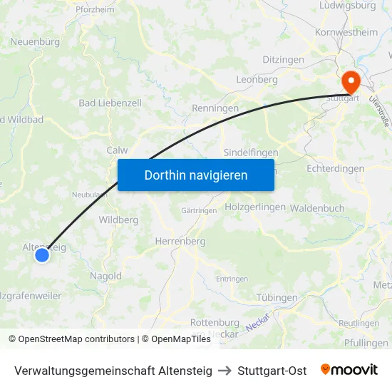 Verwaltungsgemeinschaft Altensteig to Stuttgart-Ost map
