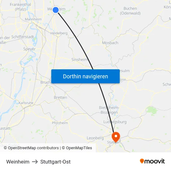Weinheim to Stuttgart-Ost map