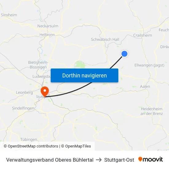 Verwaltungsverband Oberes Bühlertal to Stuttgart-Ost map