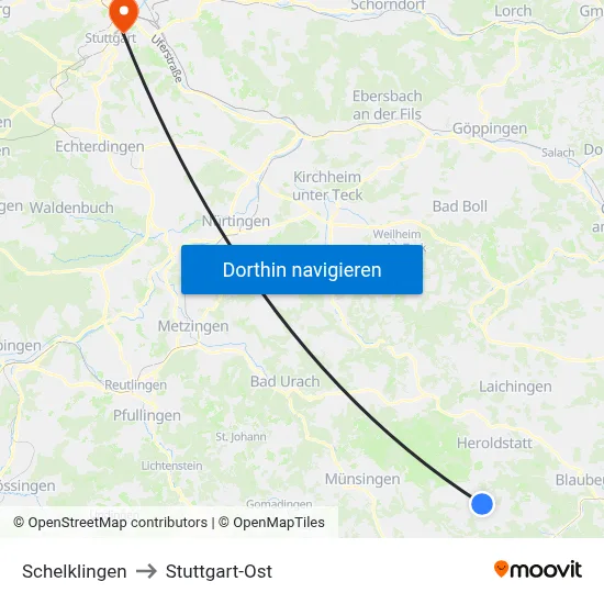 Schelklingen to Stuttgart-Ost map