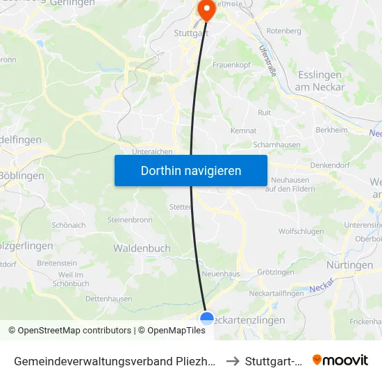 Gemeindeverwaltungsverband Pliezhausen to Stuttgart-Ost map
