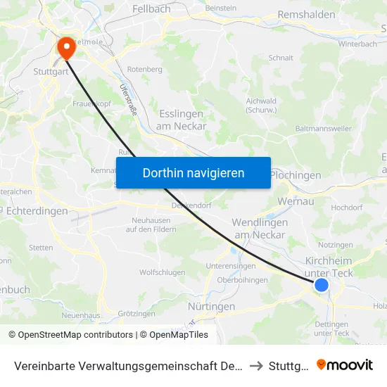 Vereinbarte Verwaltungsgemeinschaft Der Stadt Kirchheim Unter Teck to Stuttgart-Ost map