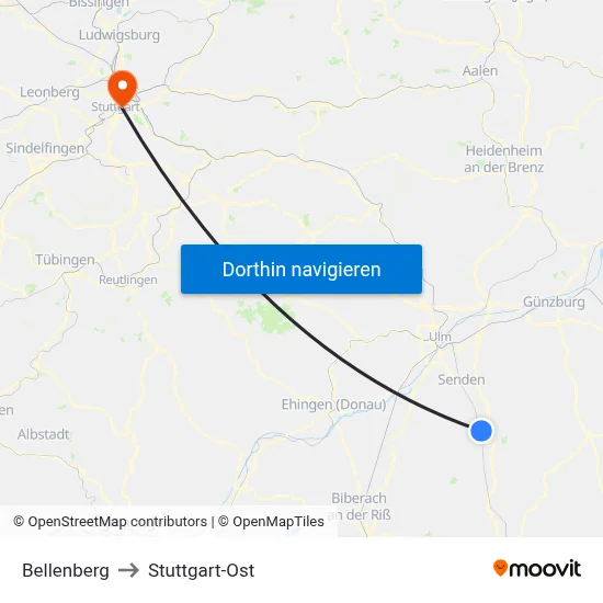 Bellenberg to Stuttgart-Ost map