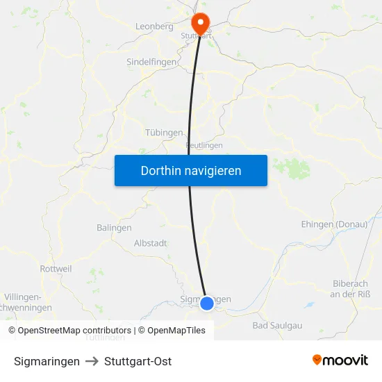 Sigmaringen to Stuttgart-Ost map