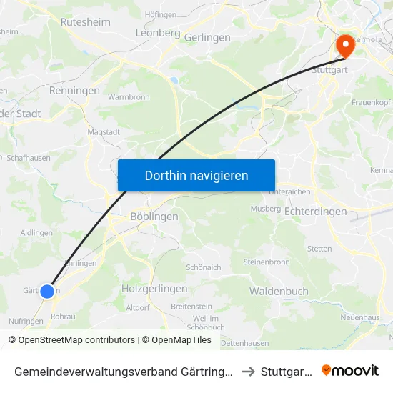 Gemeindeverwaltungsverband Gärtringen/Ehningen to Stuttgart-Ost map