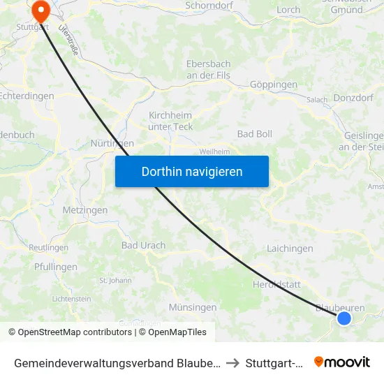 Gemeindeverwaltungsverband Blaubeuren to Stuttgart-Ost map