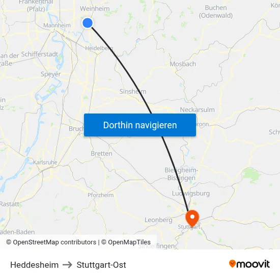 Heddesheim to Stuttgart-Ost map