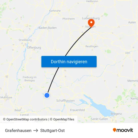 Grafenhausen to Stuttgart-Ost map