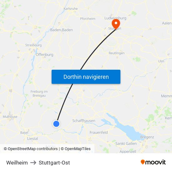 Weilheim to Stuttgart-Ost map