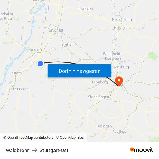 Waldbronn to Stuttgart-Ost map