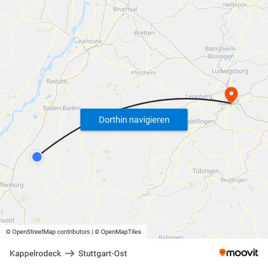 Kappelrodeck to Stuttgart-Ost map