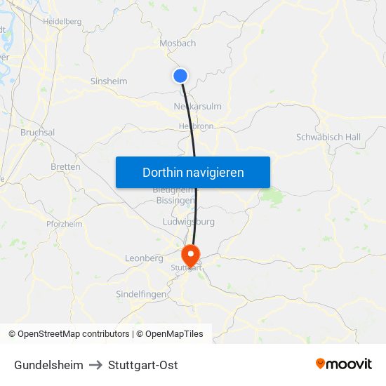 Gundelsheim to Stuttgart-Ost map