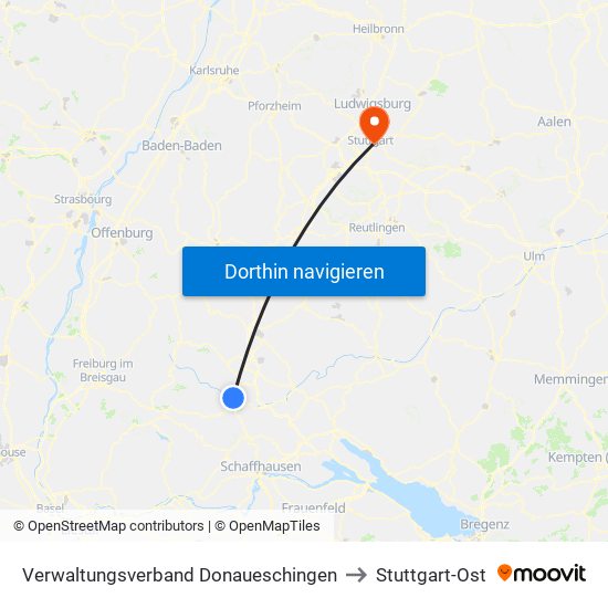 Verwaltungsverband Donaueschingen to Stuttgart-Ost map