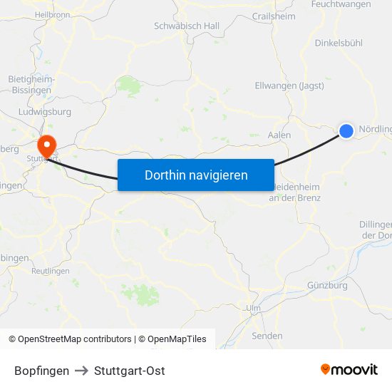 Bopfingen to Stuttgart-Ost map