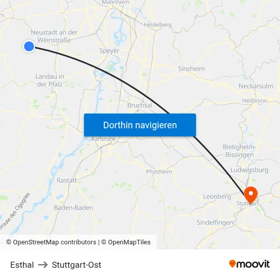 Esthal to Stuttgart-Ost map