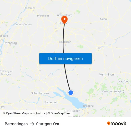 Bermatingen to Stuttgart-Ost map