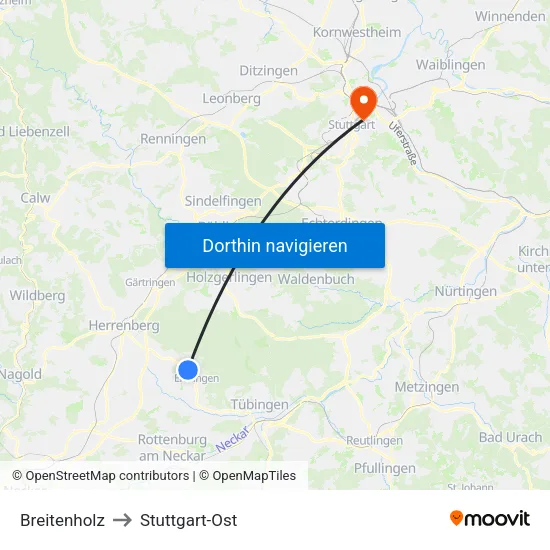 Breitenholz to Stuttgart-Ost map
