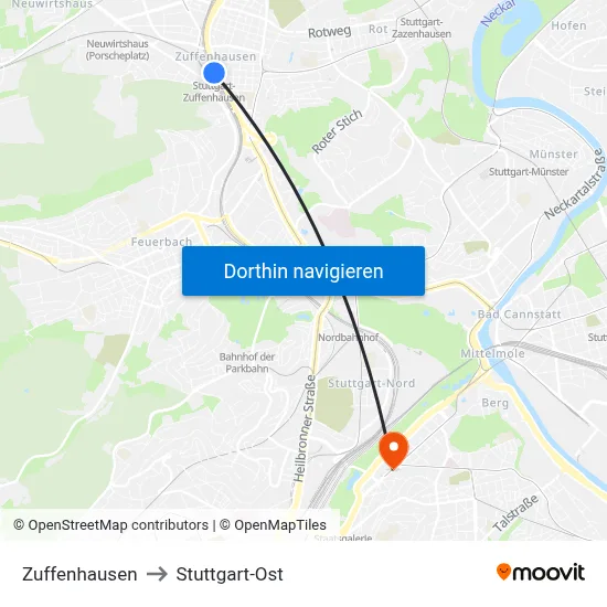 Zuffenhausen to Stuttgart-Ost map
