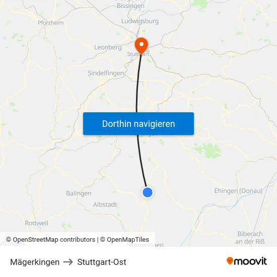 Mägerkingen to Stuttgart-Ost map
