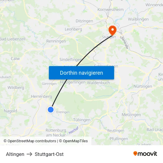 Altingen to Stuttgart-Ost map