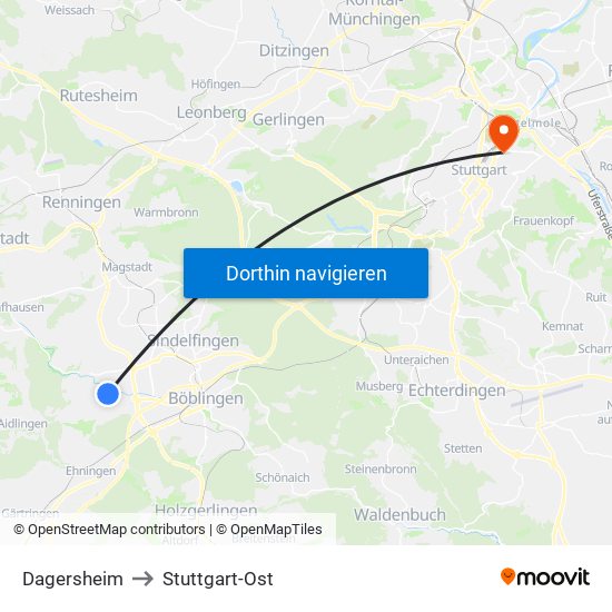 Dagersheim to Stuttgart-Ost map