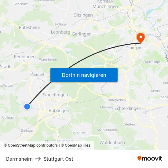 Darmsheim to Stuttgart-Ost map