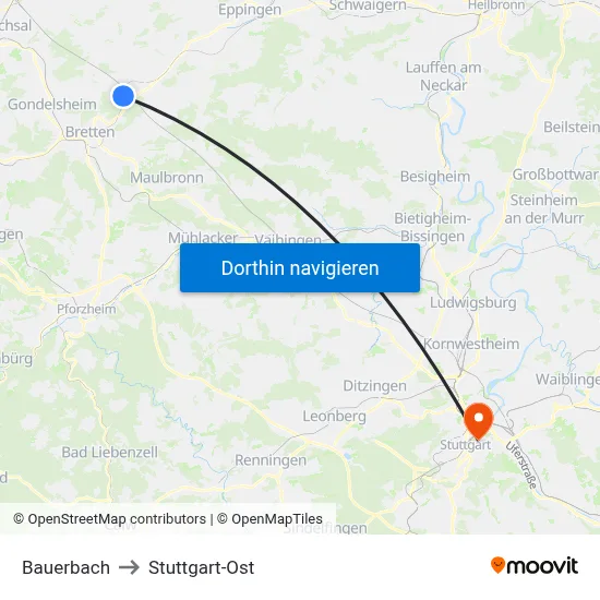 Bauerbach to Stuttgart-Ost map