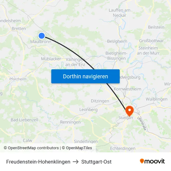 Freudenstein-Hohenklingen to Stuttgart-Ost map