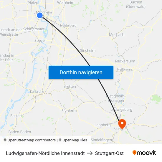 Ludwigshafen-Nördliche Innenstadt to Stuttgart-Ost map