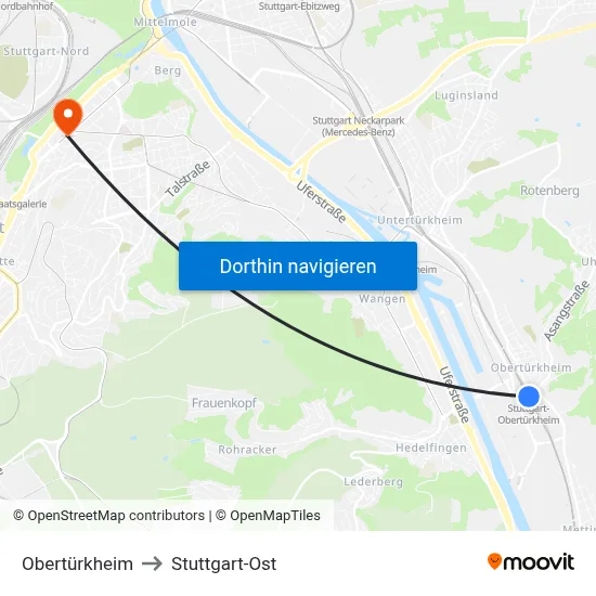Obertürkheim to Stuttgart-Ost map
