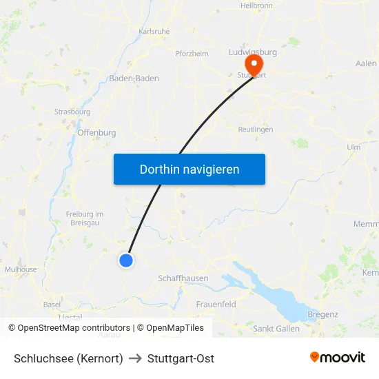 Schluchsee (Kernort) to Stuttgart-Ost map