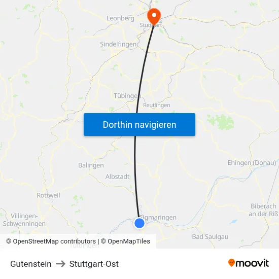 Gutenstein to Stuttgart-Ost map