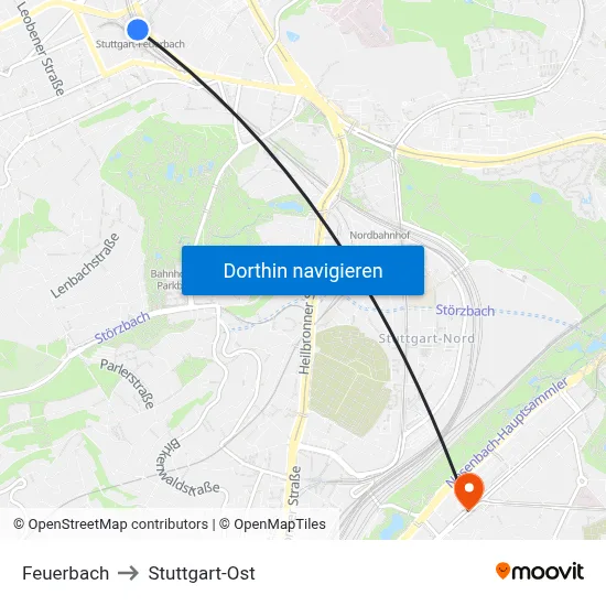 Feuerbach to Stuttgart-Ost map