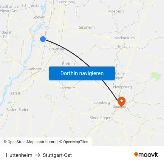Huttenheim to Stuttgart-Ost map