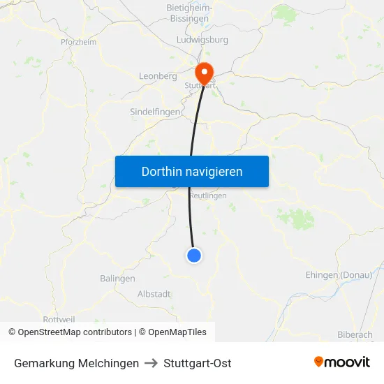 Gemarkung Melchingen to Stuttgart-Ost map