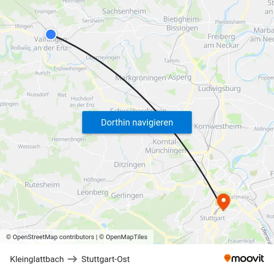 Kleinglattbach to Stuttgart-Ost map