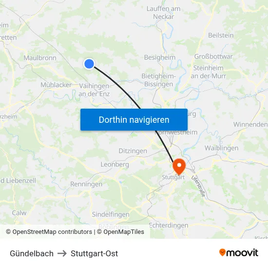 Gündelbach to Stuttgart-Ost map