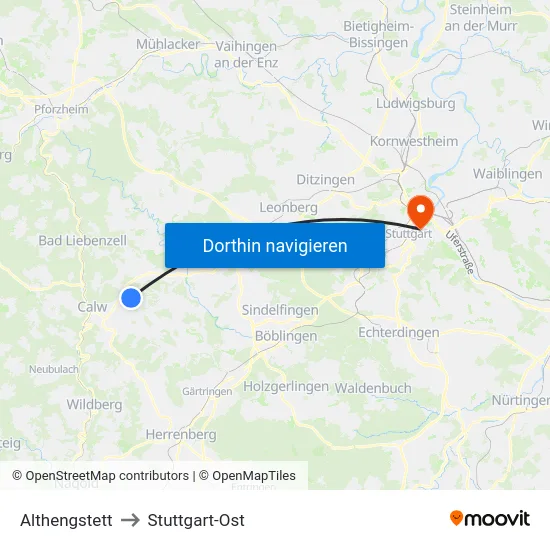 Althengstett to Stuttgart-Ost map