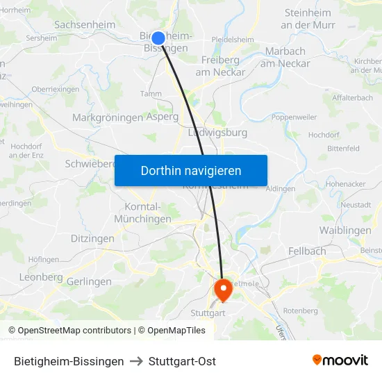 Bietigheim-Bissingen to Stuttgart-Ost map