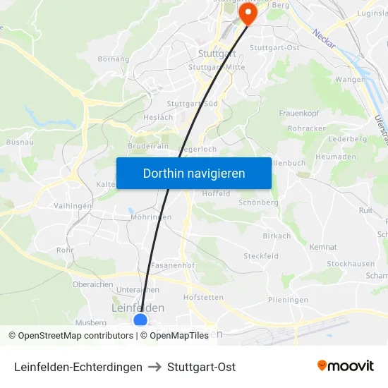 Leinfelden-Echterdingen to Stuttgart-Ost map