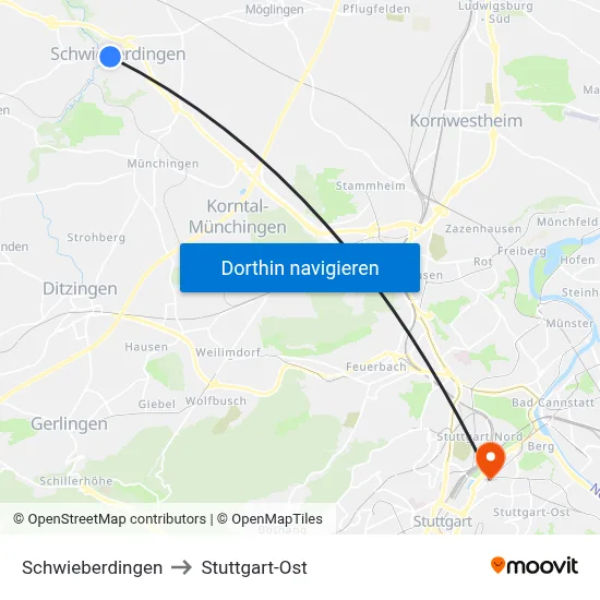 Schwieberdingen to Stuttgart-Ost map