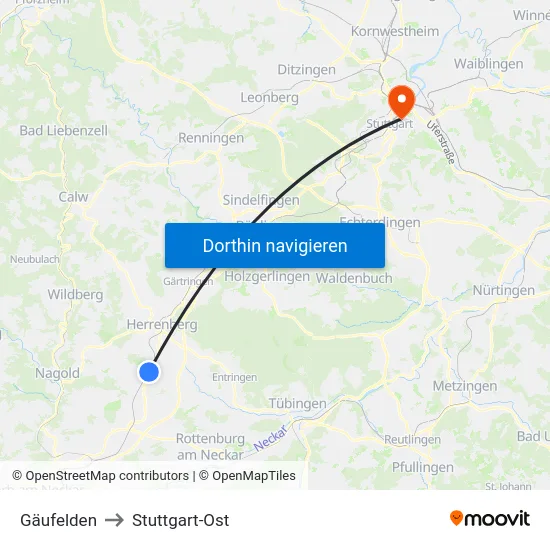 Gäufelden to Stuttgart-Ost map