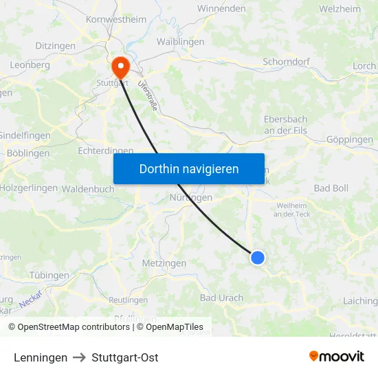 Lenningen to Stuttgart-Ost map