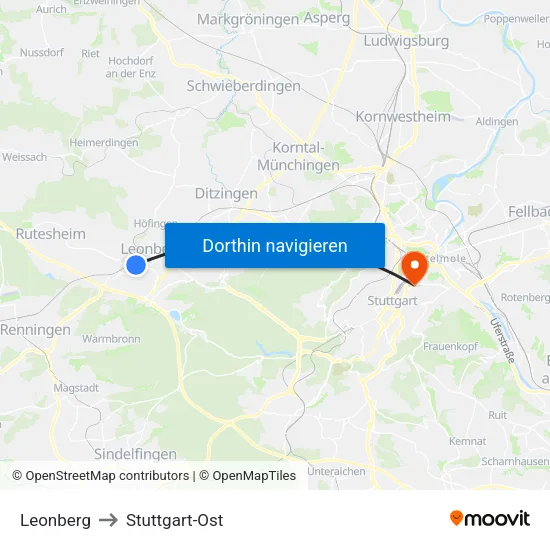 Leonberg to Stuttgart-Ost map