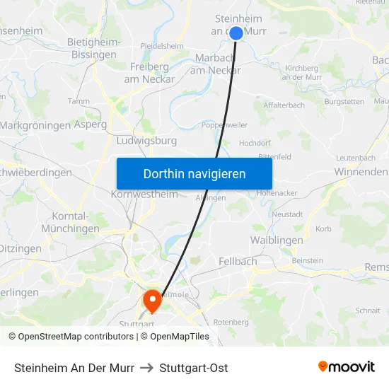Steinheim An Der Murr to Stuttgart-Ost map
